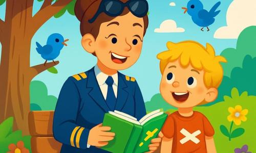 A female pilot, Captain Emma, smiling and full of joy, wears a blue pilot uniform with golden epaulettes. She has brown hair tied in a bun and sunglasses on her forehead. She is sitting on a bench under a large leafy tree, holding a small storybook in her hands. Next to her is an 8-year-old boy named Timmy, with messy blonde hair and sparkling curious eyes, listening attentively. He is wearing a red t-shirt with an airplane design and is perched on the edge of the bench, his legs dangling. The setting is a sunny park filled with colorful flowers and singing birds, with a blue sky dotted with fluffy white clouds. The main scene shows Captain Emma sharing her flying adventures with Timmy, who is captivated by her stories, both characters radiating happiness and excitement.