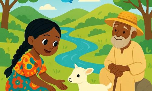 Amina is a smiling young woman with long braided black hair and a vibrant dress with colorful patterns. She is crouching, reaching out to a lost kid goat, her eyes shining with gentleness and determination. Nearby, a wise old man with a gray beard and a straw hat observes the scene with a benevolent smile, sitting on a stone. He wears a traditional light fabric tunic and holds a wooden stick. The setting is a beautiful African valley, with a sparkling river winding between lush hills. Majestic trees with bright leaves line the path, and colorful birds fly in the blue sky. The main scene shows Amina guiding the kid goat to its owner, surrounded by lush nature, while the sun gently shines, creating a warm and joyful atmosphere.