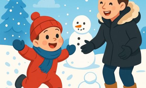 Een jongetje van 2 jaar, met roze wangen en stralende ogen, draagt een dikke rode overall en een grote blauwe sjaal. Hij springt in de sneeuw en spettert sneeuwvlokken om zich heen met een grote verwonderde glimlach. Naast hem staat zijn moeder, een vrouw van ongeveer 30 jaar met bruin haar in een knot en een zwarte jas met een bontkap. Ze lacht terwijl ze naar haar zoon kijkt, met open armen, klaar om hem op te vangen. Op de achtergrond strekt een betoverend winterlandschap zich uit: bomen bedekt met glinsterende sneeuw, een heldere blauwe lucht en een winterzon die zachtjes straalt. De scène toont het jongetje dat een sneeuwman maakt, met opgestapelde sneeuwballen en een wortel als neus, terwijl sneeuwvlokken langzaam om hen heen vallen, wat de magie van de winter benadrukt.