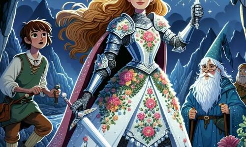 O cavaleră curajoasă, Eowyn, stă mândră în centrul imaginii, îmbrăcată într-o armură strălucitoare decorată cu motive florale. Părul ei lung și blond flutură în vânt, iar fața ei exprimă o determinare neclintită, cu ochii strălucind de încredere. Ea ține o sabie strălucitoare, pregătită să apere regatul. În dreapta ei, un băiat de 10 ani, un țăran cu părul brun, o privește cu admirație. El poartă haine simple și ține o sapa, simbolizând munca lui în câmpuri. În stânga ei, un magician bătrân cu barbă albă, de aproximativ 70 de ani, observă scena cu înțelepciune, îmbrăcat într-o robă albastră și ținând o baghetă magică strălucitoare. Scena are loc la intrarea unei peșteri întunecate, înconjurată de stânci abrupte și vegetație deasă. Norii furtunoși se adună deasupra, adăugând o atmosferă de tensiune. Eowyn se pregătește să înfrunte un dragon terifiant care iese din peșteră, scuipând flăcări vii. Imaginea surprinde momentul dinaintea bătăliei, cu fulgere iluminând cerul întunecat, creând o atmosferă atât de captivantă, cât și palpitantă.