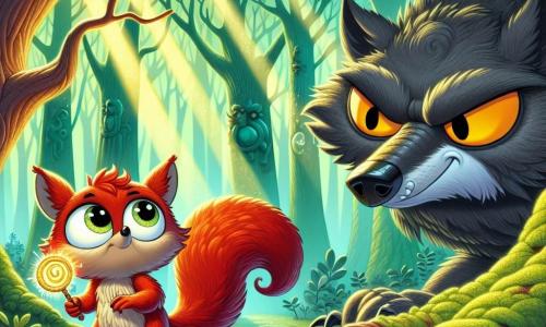 Un vulpix mic, pe nume Vulpișor, cu o blană roșie strălucitoare și ochi plini de curiozitate, stă în centrul scenei, ținând o lupă magică și având o expresie hotărâtă. Lângă el, marele lup rău, cu o blană gri închis și ochi pătrunzători, are o expresie vicleană, ascunzându-se în spatele unui copac noduros, observându-l pe Vulpișor cu un zâmbet șiret. Scena are loc într-o pădure fermecată, unde copacii impunători au trunchiuri groase și frunze verzi strălucitoare, iar razele soarelui filtrate prin crengi creează umbre dansante pe solul acoperit de mușchi. În această situație principală, Vulpișor, micuțul detectiv, se pregătește să rezolve misterul furtului prăjiturilor cu miere, în timp ce lupul, ascuns și viclean, așteaptă momentul său pentru a interveni.