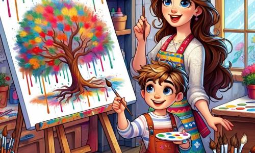 Clara, eine Frau in den Dreißigern, hat lange braune Haare und trägt eine farbenfrohe Schürze, die mit Farbe bespritzt ist. Sie lächelt begeistert, ihre Augen funkeln vor Freude, während sie den Kindern ein großes, farbenfrohes Gemälde zeigt. Max, ein 8-jähriger Junge mit zerzausten braunen Haaren und neugierigen Augen, steht neben Clara, hält einen Pinsel in der Hand und betrachtet bewundernd das Bild, das er gerade geschaffen hat, einen großen Baum mit bunten Ästen. Claras Atelier ist ein magischer Ort, voller weißer Leinwände, leuchtender Farbtöpfe und Pinsel in allen Größen. Die Wände sind mit Zeichnungen und Kunstwerken bedeckt, was eine lebendige und inspirierende Atmosphäre schafft. Die Hauptsituation zeigt Clara und Max, die einen kreativen Moment teilen, umgeben von der fröhlichen Energie der Kunst, während sie gemeinsam an einer großen Gemeinschaftsleinwand arbeiten und jeder seine eigene Farb- und Fantasietouch hinzufügt.