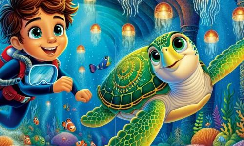 Un niño de 8 años, con grandes ojos curiosos y cabello castaño despeinado, nada alegremente bajo el agua, vistiendo un traje de buceo azul. Su rostro irradia emoción y determinación mientras explora el mundo submarino. A su lado, una tortuga marina llamada Tula, con un caparazón verde adornado con patrones dorados, lo acompaña. Flota graciosamente, sus ojos suaves y traviesos brillan de amistad. El escenario es una cueva submarina, iluminada por medusas centelleantes que flotan como farolillos. Las paredes de la cueva están cubiertas de corales coloridos y pequeños peces multicolores que nadan alrededor. La situación principal muestra al niño y a Tula descubriendo la Concha de los Mil Ecos, una hermosa concha brillante posada sobre un pedestal de coral, rodeada de criaturas marinas fascinantes que los observan con curiosidad.