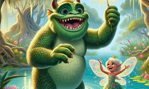 Un gran monstruo verde llamado Torbio, con piel escamosa y ojos brillantes como estrellas, emerge de un lago claro y reluciente. Muestra una expresión de orgullo y felicidad, sosteniendo en sus grandes manos una varita mágica brillante. A su lado, una pequeña hada llamada Lila, de unos 8 años, con alas coloridas como mariposas y una sonrisa radiante, danza alegremente alrededor de Torbio. Lleva un vestido hecho de pétalos de flores y parece maravillada por la magia de la escena. El decorado es un pantano misterioso, lleno de flores vibrantes, grandes árboles con troncos retorcidos y una ligera neblina que flota sobre el agua. El sol brilla a través de las hojas, creando destellos de luz dorada. La situación principal muestra a Torbio saliendo del agua con la varita mágica, mientras Lila aplaude de alegría, iluminando el pantano con su amistad y la magia recuperada.