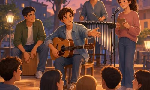 Un adolescente, Luca, sguardo sicuro e dolce, capelli castani ondulati, in giacca di jeans chiara, con una chitarra acustica sulle ginocchia invita il pubblico a cantare; accanto a destra Giulia (≈16 anni), timida ma determinata, capelli castani raccolti, tiene un libretto di testi e inizia a cantare al microfono; a sinistra Amir (≈18 anni), pelle olivastra e capelli corti, seduto su un cajón suona un ritmo leggero con un sorriso; dietro e leggermente rialzata Teresa (≈35 anni), capelli grigi raccolti, tiene le bacchette sopra un vibrafono argentato; il tutto su un piccolo palco in legno in una corte di quartiere la sera, luci a sospensione calde, pubblico seduto su sedie di legno che inizia a cantare timidamente, atmosfera conviviale con luci calde e colori pastello.