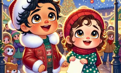 Un bambino di un anno, Leo, con grandi occhi brillanti e un sorriso radioso, è in piedi di fronte a un grande albero di Natale decorato con luci scintillanti e palline colorate. Indossa un cappotto rosso con cappuccio di pelliccia bianca e stivali di pelle nera, tenendo con eccitazione una lettera indirizzata a Babbo Natale. Accanto a lui c'è la sua migliore amica, Mia, una bambina di un anno, con capelli ricci e guance rosa. Indossa un vestito verde a pois bianchi e un berretto di lana rosso. Guarda Leo con meraviglia, le braccia alzate in segno di gioia. Il luogo è un mercato di Natale animato, pieno di stand in legno decorati con ghirlande luminose, fiocchi di neve che cadono dolcemente dal cielo e una folla di persone sorridenti. Stelle brillano sopra, creando un'atmosfera magica. La scena principale mostra Leo e Mia, entrambi stupiti, che alzano la lettera verso il cielo, impazienti di consegnarla a Babbo Natale, circondati dallo spirito festivo del Natale.