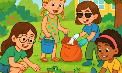 Ci sono quattro bambini: - Sofia: una ragazza di 10 anni, con lunghi capelli castani e occhiali rotondi. Indossa una maglietta verde e pantaloni corti di jeans. È accovacciata vicino all'acqua, osservando le rane con un sorriso meravigliato. - Giulia: una ragazza di 9 anni, con capelli biondi corti e trecce. Indossa un vestito a fiori colorati e sandali. È in piedi, con un secchiello di plastica, pronta a raccogliere rifiuti. - Marta: una ragazza di 10 anni, con capelli castani e occhiali da sole. Indossa una maglietta blu e pantaloni da trekking. Sta raccogliendo rifiuti con un guanto, mostrando un'espressione determinata. - Chiara: una ragazza di 9 anni, con capelli neri ricci e una fascia rosa. Indossa una maglietta gialla e pantaloni corti. È in piedi vicino a un albero, con una piccola pala, pronta a piantare fiori acquatici. Il luogo è un giardino scolastico soleggiato, pieno di alberi verdi, fiori colorati e un piccolo stagno al centro, con acqua blu brillante. Intorno allo stagno, i fiori di loto galleggiano pacificamente e le rane saltano allegramente sulle rive. Il cielo è blu chiaro, punteggiato da alcune nuvole bianche e soffici. La situazione principale mostra le quattro amiche mentre puliscono il giardino, raccogliendo rifiuti intorno allo stagno per aiutare le rane. Lavorano insieme con entusiasmo, sorridendo e ridendo, mentre si preparano a piantare nuovi fiori per abbellire il loro spazio.