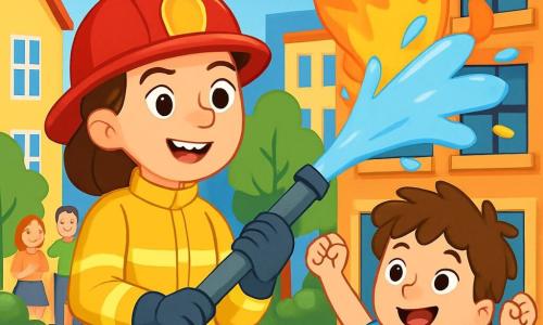 A firefighter named Lily stands proudly in front of a large burning building, wearing her shiny red helmet and bright yellow suit. She has a determined smile and sparkling eyes, holding a long hose that sprays water on the flames. Beside her is a small boy named Timmy, about 7 years old, with messy brown hair and a blue t-shirt, looking on with admiration and raising his arms in encouragement. The setting is a busy city street with colorful buildings, green trees, and people gathered on the sidewalk, watching the scene with expressions of relief and admiration. The main focus is on Lily bravely fighting the fire while Timmy cheers for his heroine, creating an atmosphere of bravery and friendship.