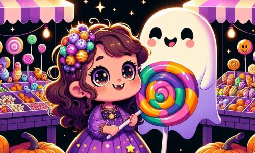 A 3-year-old girl with sparkling big eyes and curly brown hair is wearing a beautiful purple dress adorned with shimmering stars. She smiles in wonder, holding a huge colorful lollipop in her small hands. Next to her is a friendly ghost named Giggles, with a smiling face and floating arms, making funny faces and adding a touch of magic to the scene. The setting is a vibrant Halloween market filled with colorful lanterns, friendly spooky decorations, and stands of oddly shaped candies. Smiling pumpkins are arranged on tables, illuminated by twinkling lights. The main scene shows Lily and Giggles playing together, surrounded by laughter and joy, as they prepare to enter the Haunted House of Laughter, full of fun surprises and friendly ghosts.