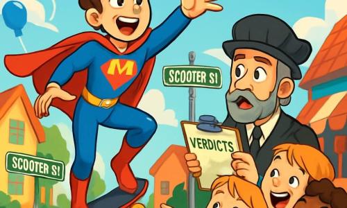 Milo Marvel, a man with tousled brown hair and a bright smile, wears a red and blue superhero costume with a flowing cape. He has sparkling eyes of determination and stands on a skateboard, ready to jump to catch a flying hot dog. Next to him, Benny, a man around 40 with salt-and-pepper beard, wears a judge's hat and looks on in amazement, holding a stack of paper verdicts. A group of children, including a girl with braided blonde hair, laughs and points at the flying hot dog. The scene takes place on Scooter Street, a lively street in Brightbridge lined with colorful houses and food stalls. Balloons float in the blue sky, and chalk drawings decorate the ground. The main situation shows Milo, with a look of surprise and excitement, trying to save a hot dog that is soaring toward a group of laughing children, while the hot dog seems ready to land in a neighbor's yard.