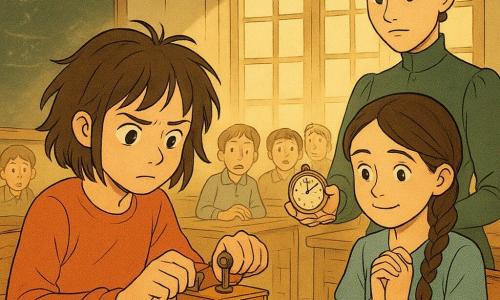 12-year-old Mina, hair tousled, face focused and slightly nervous, helmet beside her, gently cranking a small copper box with coils and a NOW/BEFORE dial; nearby Elsie, about 12, dark braid and shy smile, hands clasped, watches with admiration; Miss Hart (~40), calm stern but kind, hair in a tight bun, stands behind the desk holding an open brass alarm clock whose hands move backward; light wooden classroom with varnished desks, chalkboard, glass inkwells and a golden shaft of light cutting through dust; Mina carefully adjusts the brass clock with her time box as classmates gape — a warm, tense mix of wonder and responsibility.
