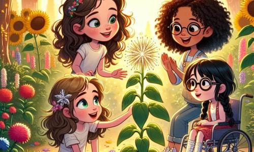 In a sunny garden, four girls stand around a mysterious plant. Emily, a 10-year-old with curly brown hair and a sweet smile, sits on a swing holding a sparkling flower. Next to her, Mia, a 9-year-old with blonde hair and sparkling eyes, raises her arms in excitement as if she just had a brilliant idea. Sophie, a 10-year-old in her wheelchair with brown hair and a straw hat, smiles joyfully at the plant. Finally, Grace, a 9-year-old with braided black hair and glasses, leans forward to examine the plant's shiny leaves. The garden is a peaceful haven filled with colorful flowers, swaying sunflowers, and majestic trees providing shade, with a golden light filtering through the branches, creating a magical atmosphere. The four friends gather around the special plant, full of hope as they discover its bright flowers, ready to share a moment of magic and comfort in their adventure facing Emily's illness.