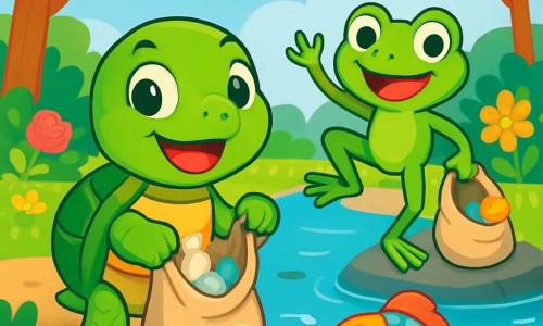 Tico, una pequeña tortuga de caparazón brillante y verde, está al borde de un lago cristalino, con una gran sonrisa en su rostro. Sus ojos brillan de emoción mientras observa su entorno. A su lado, Rita, una rana verde de ojos redondos y traviesos, salta alegremente sobre una piedra, levantando una pata para animar a Tico. Ella parece entusiasta y llena de energía. En el fondo, Pipo, un pez colorido de escamas brillantes, nada cerca de la superficie del agua, con una expresión curiosa, observando a sus dos amigos. El lugar es un lago rodeado de grandes árboles de hojas verdes y flores de colores vivos, como rosas y margaritas, que bordean la orilla. El cielo es azul con algunas nubes blancas esponjosas flotando suavemente. La escena principal muestra a Tico y sus amigos limpiando el lago, recogiendo basura con bolsas de tela, mientras ríen y se divierten, ilustrando su compromiso de proteger su valioso entorno.
