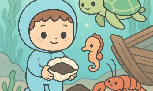 Un ragazzo di 8 anni, viso rotondo e lentiggini, occhi grandi e meravigliati, in muta azzurro chiaro sorride timidamente tenendo una conchiglia piena di sabbia molto scura; a destra nuota una tartaruga marina chiamata Mira con carapace verde a motivi geometrici che lo guarda benevola; vicino alla mano sinistra fluttua un piccolo cavalluccio marino di nome Lino, pesca con una cresta delicata, curioso e complice; una vecchia aragosta con chele rosse e lunghe antenne è su una tavola del relitto osservando saggiamente; sul fondale vicino a un antico relitto di legno coperto di stelle marine la sabbia finissima è molto scura come cacao, tende di alghe verdi ondeggiano e raggi di luce attraversano l'acqua turchese; i compagni scoprono una tasca di sabbia nera sotto la chiglia del relitto e costruiscono insieme una piccola tana decorata con conchiglie, atmosfera dolce di avventura calorosa e cooperazione.