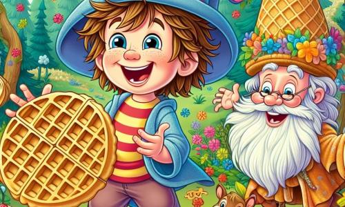 A 3-year-old boy named Timmy, with messy brown hair and sparkling eyes, wears a large blue hat adorned with a pink flower. He is laughing heartily while holding a giant waffle in his small hands, surrounded by a festive atmosphere. Next to him is the Waffle Wizard, an elderly man with a long white beard and a waffle-shaped hat, smiling warmly while holding a plate full of colorful waffles. A mischievous squirrel with brown fur and a bushy tail joyfully dances near Timmy, balancing a waffle on its head. The scene takes place in the magical Wiggly Woods, where tall trees sway gently and brightly colored flowers create a cheerful ambiance. Timmy and his friends are enjoying a fun party, playing a game of tossing waffles into a syrup bucket while laughing and dancing together under the bright sun.