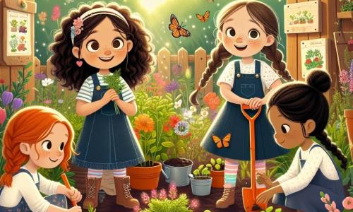 In a blooming community garden, four ten-year-old girls stand together, surrounded by colorful flowers and small pots. Sophie, with curly brown hair and sparkling eyes, smiles joyfully while holding a small shovel. To her right, Mia, with braided blonde hair and round glasses, carefully observes a carrot seedling she just planted. On the left, Chloe, with brown hair and freckles, is crouched down, her hands covered in dirt, planting radish seeds. Lastly, Emma, with black hair and a colorful cap, takes notes in a small notebook, looking at the garden with curiosity. The garden is vibrant, filled with multicolored flowers, fluttering butterflies, and sunlight filtering through the tree leaves. Gardening tools are scattered around them, and wooden signs indicate the different plants. The girls enthusiastically engage in learning to plant seeds and care for the plants while sharing laughter and stories about spring.