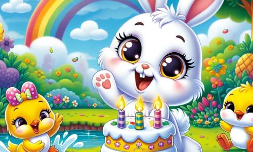 Un pequeño conejo blanco llamado Rabi, con grandes ojos brillantes y largas orejas, salta de alegría en el centro de la escena, sonriendo mientras sostiene un pastel de cumpleaños decorado con velas de colores. A su derecha, una adorable ardilla llamada Sofía, con pelaje marrón y una cola esponjosa, aplaude con entusiasmo, sus ojos brillando de felicidad. A la izquierda, un pato amarillo llamado Pipo, con un pico naranja y plumas brillantes, nada alegremente en un charco, salpicando agua a su alrededor mientras ríe. El fondo muestra un hermoso jardín colorido, lleno de flores vibrantes, árboles verdes y un cielo azul claro con algunas nubes blancas. La escena principal muestra a Rabi, rodeado de sus amigos, celebrando su cumpleaños con un pastel, risas y un ambiente festivo, mientras un arcoíris aparece en el cielo tras una ligera lluvia, añadiendo un toque de magia a este momento alegre.