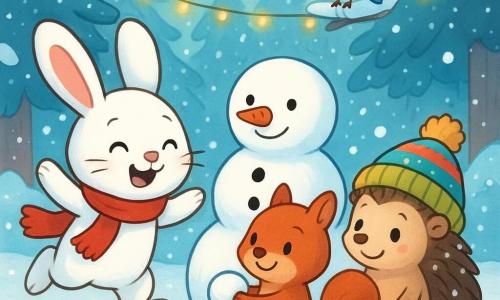 A joyful little rabbit with soft white fur, wearing a red scarf, hops in the sparkling snow. Next to him, a red-furred squirrel with a bushy tail smiles while holding a small snowball. A hedgehog with a colorful hat stands to the right, its quills covered in snowflakes, looking at the rabbit with sparkling eyes. In the background, a blue bird sings on a snowy branch, its wings slightly spread. The scene takes place in an enchanted forest, with snow-covered trees and string lights hanging from the branches. The main focus is on the friends building a snowman, surrounded by a festive and bright atmosphere.