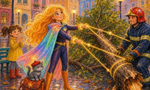 La protagonista è una donna supereroina sorridente e sicura, capelli lunghi luminosi come raggi del mattino e mantello iridescente, che dalla sua braccialetti lancia corde luminose a forma di stelle per aiutare a spostare un grande ramo caduto; un pompiere di circa 35 anni, robusto con casco rosso, tiene una corda vicino al tronco per liberare la strada; una bambina di 6 anni con due codini e vestito giallo applaude accanto a una panchina a sinistra; un gattino grigio con un piccolo berretto rosso, salvato, è sullo zaino dell’eroina e fa le fusa guardando la strada; la scena si svolge in una via cittadina colorata con facciate pastello, lampioni rotondi, foglie cadute e marciapiedi lastricati bagnati davanti a una piccola piazza ostruita dal grande ramo spezzato.