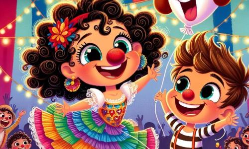 O fetiță de 8 ani, Ana, cu părul creț și ochii strălucitori, poartă un costum colorat din bucăți de țesătură și un nas de clovn roșu. Ea sare veselă, cu un zâmbet mare pe față, în timp ce un balon în formă de câine plutește deasupra ei. Lângă ea, un tânăr acrobat, Vlad, de aproximativ 10 ani, cu părul brun și un tricou în dungi, râde încercând să o ajungă, cu brațele întinse spre balon. În fundal, cortul circului este decorat cu culori vii, cu lumini strălucitoare și o mulțime entuziastă care aplaudă. Scena îi arată pe Ana și Vlad într-un moment de fericire pură, capturând spiritul magic și distractiv al circului.