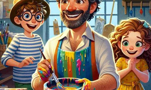 Un uomo di mezza età, Marco, si trova al centro della scena, con capelli ricci e una barba di qualche giorno. Il suo viso esprime una gioia contagiosa mentre mescola colori vivaci in un grande vaso di resina, con gli occhi pieni di creatività. Indossa un grembiule colorato, macchiato di vernice, e le sue mani sono coperte di colori brillanti. Alla sua destra, una bambina di circa 8 anni, con capelli ricci, osserva con meraviglia. Indossa un vestito giallo e tiene un pennello in mano, pronta a creare. Il suo sorriso radioso mostra la sua eccitazione e ammirazione per Marco. A sinistra, un ragazzo di 10 anni, con occhiali e un cappello a cilindro, è piegato su un tavolo, concentrato sulla creazione di una scultura in resina. I suoi occhi brillano di determinazione e indossa una maglietta a righe colorate. La scena si svolge nella charmante bottega di Marco, piena di barattoli di vernice, pennelli di tutte le dimensioni e opere d'arte appese alle pareti. La luce del sole filtra attraverso le finestre, illuminando i colori vibranti e creando un'atmosfera calda e ispiratrice. In questa illustrazione, Marco insegna ai bambini come mescolare i colori e creare opere d'arte uniche, condividendo con loro la sua passione e la sua magia creativa.