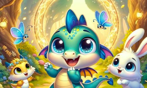 Un piccolo draghetto di nome Drilly, con squame brillanti blu e verdi, esprime grande curiosità ed eccitazione avvicinandosi a un cerchio luminoso. Ha grandi occhi scintillanti e un sorriso gioioso, con le sue piccole ali pronte a spiccare il volo. Accanto a lui, Luna, una delicata farfalla dalle ali dorate scintillanti, vola in cerchio attorno a lui, mostrando un'espressione meravigliata. Un po' più in là, Tino, un adorabile coniglio dalle lunghe orecchie e pelo bianco, salta con entusiasmo, con gli occhi sbarrati per la sorpresa e la gioia. Il luogo è un magnifico boschetto incantato, pieno di alberi maestosi con foglie colorate, fiori brillanti e una dolce luce dorata che filtra tra i rami. Al centro, un grande cerchio luminoso emette un bagliore magico, circondato da una leggera e scintillante nebbia. La situazione principale mostra Drilly, Luna e Tino insieme davanti al cerchio, pronti a entrare in un tunnel scintillante che li porterà verso un'incredibile avventura nel tempo, con i volti illuminati dall'eccitazione e dall'anticipazione.
