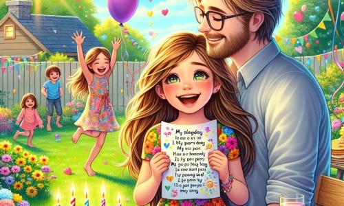 Ein 8-jähriges Mädchen, Mia, mit langen braunen Haaren und strahlenden Augen, steht in der Mitte und lächelt breit. Sie trägt ein buntes Blumenkleid und hält ein Papier mit Zeichnungen und fröhlichen Worten, ihr Herz ist voller Aufregung. Neben ihr steht ihr Vater, ein Mann in den Dreißigern mit einem weichen Bart und Brille, der sie stolz anblickt, mit einem Arm um ihre Schultern. Der Hintergrund ist ein sonniger Garten, gefüllt mit bunten Blumen und schwebenden Ballons, mit einem Picknicktisch im Hintergrund, auf dem köstliche Pfannkuchen liegen. In der Ferne spielen und lachen Kinder, was eine festliche Atmosphäre schafft. Die Szene fängt den Moment ein, in dem Mia ihrem Papa ein Gedicht vorliest, umgeben von einer fröhlichen und warmen Stimmung, die die Liebe und Verbundenheit zwischen Vater und Tochter feiert.