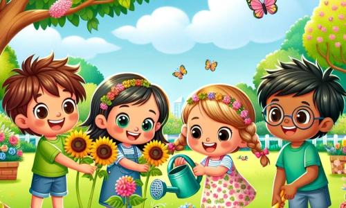 En un parque soleado, cuatro amigos se reúnen para celebrar el Festival de Primavera. A la izquierda, Lucas, un niño de 8 años con cabello castaño desordenado y una camiseta verde, se agacha para plantar un gran girasol. Junto a él, Emma, una niña de 7 años con largas trenzas rubias y un vestido rosa con flores, sonríe mientras riega tulipanes coloridos. En el centro, Diego, un niño de 9 años con cabello negro y gafas redondas, observa una pequeña mariquita en una hoja mientras sostiene una pala. Finalmente, a la derecha, Tomás, un niño de 8 años con cabello castaño y un pantalón corto azul, baila alegremente sosteniendo un cartel "Cuidemos de la naturaleza". El parque está lleno de vegetación brillante, con árboles en flor y mariposas de colores volando alrededor de los niños bajo un cielo azul claro. La escena muestra a los niños trabajando juntos para plantar flores, riendo y disfrutando de la belleza de la naturaleza en primavera.