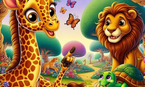 Una giraffa di nome Gigi, con un lungo collo elegante e macchie dorate sulla pelle, si trova al centro dell'immagine, con gli occhi brillanti di curiosità e un grande sorriso sul volto. Accanto a lei, un leone di nome Leo, con una criniera flamboyante e uno sguardo amichevole, racconta una storia gesticolando con le zampe anteriori. Più lontano, una piccola tartaruga di nome Tina, con un guscio verde e occhi saggi, ascolta attentamente seduta su una roccia. Sullo sfondo, un giardino incantato si estende a perdita d'occhio, pieno di fiori colorati che danzano al vento, alberi dai tronchi contorti e farfalle multicolori che volano gioiosamente. La scena mostra Gigi e i suoi amici riuniti in questo luogo magico, pronti a vivere una nuova avventura insieme, circondati dalla bellezza della natura e dell'amicizia.