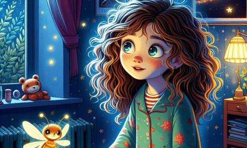 Una ragazza di 12 anni, Sofia, si trova al centro della scena, con grandi occhi curiosi e un sorriso meravigliato. Ha capelli castani ondulati che le cadono sulle spalle e indossa un pigiama colorato con stelle. Sofia guarda con fascinazione una piccola creatura luminosa, Luce, che fluttua accanto a lei, emettendo una dolce luce dorata. Luce assomiglia a una lucciola, con ali delicate e un viso amichevole. La camera di Sofia è decorata con poster di pianeti e costellazioni, con peluche sparsi sul letto. I muri sono dipinti di blu notte e una finestra aperta lascia entrare un leggero soffio d'aria fresca, rivelando un cielo stellato all'esterno. In questa scena, Sofia e Luce esplorano insieme il mistero del buio, Sofia si tiene con sicurezza, pronta a scoprire le meraviglie nascoste nell'oscurità.