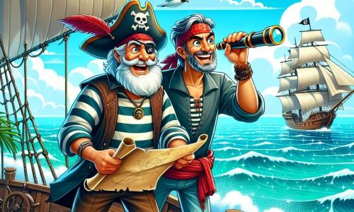 Der Hauptcharakter, Käpt'n Karl, ist ein etwa 60-jähriger Mann mit einem langen weißen Bart und einem abgewetzten Piratenhut. Er trägt ein gestreiftes Hemd und eine Lederweste, und sein Gesicht zeigt eine fröhliche Entschlossenheit, während er eine Schatzkarte hochhält, bereit für das Abenteuer. Neben ihm steht Matrose Max, ein etwa 50-jähriger Mann mit grauen Haaren und einem schelmischen Lächeln, der ein Fernglas hält und aufgeregt in die Ferne schaut. Er trägt ein rotes Bandana und eine Baumwollhose und steht etwas im Hintergrund, bereit, seinem Freund zu folgen. Die Szene spielt auf dem Deck des Schiffes "Schimmernde Seemöwe", einem Piratenschiff mit weißen Segeln, das auf einem funkelnden türkisfarbenen Meer schwimmt, mit sanften Wellen und Möwen, die darüber fliegen. Der Himmel ist blau mit einigen weißen Wolken, und in der Ferne ist eine geheimnisvolle Insel mit Palmen zu sehen. Die Hauptsituation zeigt Käpt'n Karl und Matrose Max, enthusiastisch und bereit für das Abenteuer, während sie hoffnungsvoll und entschlossen in die Ferne blicken, auf dem Weg zu einer Insel, wo ein Schatz verborgen ist.