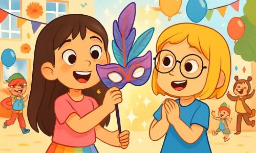 Hay 2 personajes principales: Sofía, una niña de 10 años con cabello largo y castaño, ojos brillantes, una camiseta rosa y una falda colorida, que sostiene una hermosa máscara decorada con plumas, sonriendo y emocionada a la izquierda; y Valeria, también de 10 años, con cabello rubio corto y gafas redondas, vestida con un vestido azul y medias con patrones, mirando la máscara con asombro a la derecha de Sofía. La escena se desarrolla en un patio escolar vibrante, lleno de guirnaldas brillantes y globos multicolores, donde niños disfrazados juegan, creando una atmósfera alegre. Sofía y Valeria descubren la magia de la máscara, listas para compartir su alegría con sus compañeros mientras risas y gritos de felicidad resuenan a su alrededor.