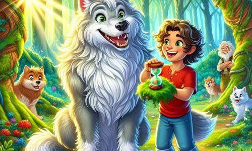 Un hombre lobo amistoso, llamado Lupo, se encuentra en el centro de la escena, con un pelaje suave y sedoso, de color gris plateado, y grandes ojos brillantes y expresivos, llenos de alegría y entusiasmo. Sonríe ampliamente, mostrando sus dientes blancos, y su cola esponjosa se agita alegremente. A su lado, un niño de 10 años, llamado Tomás, con cabello castaño desordenado y ojos chispeantes de curiosidad, lleva una camiseta roja y un pantalón corto azul. Mira a Lupo con admiración, sosteniendo una pequeña horqueta de musgo en sus manos, listo para usarla para salvar el tiempo. El escenario se desarrolla en un claro verde del Bosque de los Secretos, rodeado de árboles majestuosos con troncos gruesos y hojas brillantes, mientras un suave rayo de sol filtra a través de las ramas, iluminando la escena con una luz dorada. La situación principal muestra a Lupo y Tomás preparándose para colocar la horqueta de musgo sobre un antiguo altar de piedra, rodeado de flores coloridas y criaturas fantásticas que los observan con esperanza, mientras se disponen a restaurar el equilibrio del tiempo en este mundo mágico.
