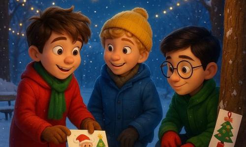 Hay 3 personajes: - Un chico llamado Lucas, de 12 años, con cabello castaño despeinado y ojos llenos de picardía. Lleva un abrigo rojo brillante y una bufanda verde. Está colocando una tarjeta de felicitación en un banco cubierto de nieve. - Un chico llamado Mateo, de 11 años, con cabello rubio y rizado, y una sonrisa traviesa. Viste un abrigo azul y un gorro amarillo. Está al lado de Lucas, observando atentamente. - Un chico llamado Santiago, de 12 años, con cabello negro y gafas redondas. Lleva un abrigo verde y guantes rojos. Está agachado cerca de un árbol, colocando otra tarjeta de felicitación. El lugar es un parque nevado, con árboles cubiertos de nieve brillante y luces de Navidad colgando de las ramas. El suelo está cubierto por una capa gruesa de nieve inmaculada, y hay bancos de madera dispersos en el parque. La situación principal muestra a los tres chicos distribuyendo tarjetas de felicitación coloridas en el parque, bajo un cielo estrellado. Las tarjetas están adornadas con dibujos festivos y pequeños regalos adjuntos. El ambiente es alegre y mágico, con copos de nieve cayendo suavemente a su alrededor.