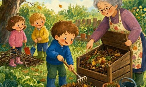 Un bambino di 4 anni dal viso rotondo e guance rosate, capelli castano chiaro spettinati, espressione gioiosa e concentrata, tiene un piccolo rastrello di legno e raccoglie foglie secche in un cesto marrone; la nonna, circa 70 anni, capelli grigi raccolti in chignon, occhiali tondi, sorriso dolce e grembiule a fiori, gli mostra dove mettere le foglie stando accanto a lui; due amici (una bimba e un bimbo di 4–5 anni) sullo sfondo vicino a un mucchio di rami, curiosi e sorridenti, ognuno con una paletta colorata; il giardino è un piccolo orto soleggiato con aiuole di verdure, un compostore di legno aperto, vasi in terracotta, erba verde, fiori gialli e un albero alto che perde qualche foglia; la scena mostra la raccolta, il triage e il compostaggio di foglie e rami depositati gentilmente nel compostore, atmosfera calda e colorata, pennellate visibili e texture spesse di gouache con tocchi di luce morbida.