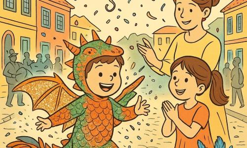 Menino de 4 anos, rosto redondo, cabelo castanho curto, olhos brilhantes e sorriso largo, veste fantasia de dragão colorida com escamas brilhosas, grandes asas cintilantes e longa cauda de penas; dança girando e solta purpurina prateada. Ao seu lado direito, menina de 5 anos (Sofia), cabelos castanhos em tranças, rosto sorridente e concentrado, segura um buquê de penas azuis e aplaude. Mulher adulta (mãe), cabelo preso, ajusta a capa, fica um pouco atrás, sorrindo e orgulhosa. Cena numa rua de carnaval com casas coloridas, guirlandas multicoloridas, confetes e serpentinas ao vento sob um céu ensolarado; transeuntes desfocados e músicos ao fundo criam ambiente festivo sem roubar a atenção. Situação principal: o menino dançando no meio do desfile, asas abertas e purpurina voando, luz quente sobre tecidos brilhantes. Estilo: line art fino a tinta, traços nítidos e expressivos, detalhes gráficos de escamas, penas e confetes, composição centrada nas interações e na expressão alegre.