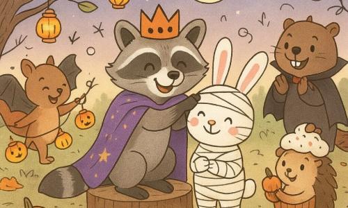 Oliver, a smiling mischievous raccoon in a sparkling purple starry cape, crouches before a small log table and gently places an orange-and-black cardboard crown on Pip, a shy joyful little rabbit dressed as a mummy with fraying white cloth strips; Millie, a lively squirrel in a shiny black bat costume, hangs small paper lanterns on low branches to the left while laughing and hopping on her hind legs; Baxter, a beaver dressed as a vampire with two stick fangs, stands right in the background amused, applauding with his tail near a bowl of caramel acorns; Daisy, a hedgehog dressed as a cupcake, stands on a stone by the table holding a caramel acorn and smiling; the setting is the Spook Hollow clearing at twilight with orange and russet leaves on the ground, softly carved pumpkins, garlands of lanterns in twisted branches, a purple sky with a large round moon and pale stars; main scene: a warm friendly coronation with soft lantern light, detailed autumn decor and festive, kind atmosphere, includes a mystery box, painted “eye” stones and pumpkin-shaped confetti.