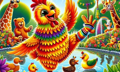 A brightly feathered chicken with vivid yellow and orange colors stands at the center of the scene, its eyes sparkling with excitement and a wide smile on its beak. It wears colorful socks, one striped and the other polka-dotted, and joyfully dances on one leg with its wings spread. Next to it, a duck with bright green plumage and a funny hat twirls, laughing heartily. In the background, a large, chubby teddy bear enthusiastically claps, while a long-necked giraffe wearing sunglasses watches the scene with amusement. The setting is a sunny zoo garden filled with colorful flowers, lush bushes, and a sparkling pond where ducks swim. Colorful lantern garlands hang between the trees, creating a festive atmosphere. The main situation shows the chicken and its friends preparing for the sock contest, each dancing comically, surrounded by laughter and joy, ready to showcase their finest socks.