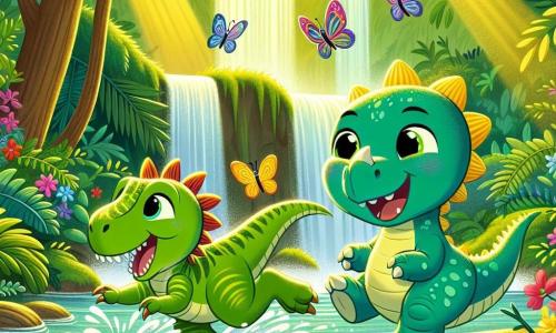 A small velociraptor named Rappy, with bright green feathers and sparkling curious eyes, is happily jumping near a sparkling waterfall, a big smile on his face. Next to him is Tilly, a little triceratops with three shimmering horns and a round face, laughing as she tries to catch a colorful butterfly flying around them. The setting is a lush jungle filled with majestic trees with vibrant leaves, bright flowers, and golden light filtering through the branches, creating a magical atmosphere. The main scene shows Rappy and Tilly on an adventure, playing together by the waterfall, splashing water, and enjoying their friendship in this enchanting place.