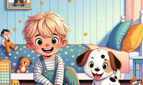 Timmy, a 3-year-old boy with messy blonde hair and a bright smile, is sitting on the floor surrounded by colorful toys. Next to him, Spotty, a cute dog with brown and white spots, stands on his hind legs, laughing joyfully. They are in a cozy room with pastel blue walls and golden stars stuck to the ceiling. A large bed with pirate-patterned sheets is in the background, and fluffy cushions are scattered around them. The scene shows Timmy and Spotty playing hide-and-seek, with Timmy laughing as he searches for Spotty, who is hiding behind a big cushion. Wooden toys and stuffed animals are scattered around, adding a playful touch to the joyful atmosphere of the room.
