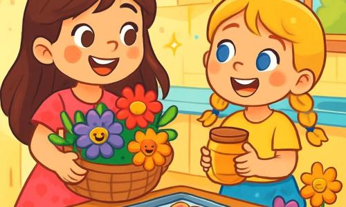 There are 2 main characters: Lila, an 8-year-old girl with long brown hair and sparkling eyes, wearing a pink dress with heart patterns and holding a large basket filled with colorful flowers; and Mia, a 7-year-old girl with braided blonde hair and bright blue eyes, dressed in a yellow t-shirt and polka dot skirt, holding a small jar of honey. The two girls are in a cozy kitchen with pastel yellow walls and sunlight streaming through the windows. On the table are heart-shaped cookies, freshly baked and decorated with pink icing and colorful sprinkles. Singing flowers are arranged around them, adding a magical touch to the atmosphere. The main scene shows Lila and Mia preparing a surprise for their grandmother, laughing joyfully, surrounded by their creations, with bursts of light and bright colors illuminating the scene.