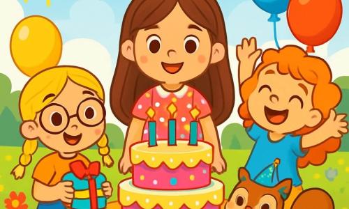 There are 4 characters: Emily, a 6-year-old girl with long brown hair and sparkling eyes, wearing a pink polka dot dress, standing in the center, smiling and ready to blow out her candles; Lucy, a 6-year-old girl with braided blonde hair and round glasses, to the left of Emily, holding a small colorful gift, her eyes shining with excitement; Mia, a 6-year-old girl with curly red hair and a blue t-shirt, to the right of Emily, jumping with joy and a big smile; and Sammy, a small brown squirrel with a party hat, in front of the girls, waving a paw cheerfully. The setting is a sunny garden filled with colorful flowers and floating balloons, featuring a large table decorated with a multi-layer birthday cake topped with sparkling candles. Sunlight brightens the scene, creating a joyful and festive atmosphere. The main situation shows the girls surrounded by birthday decorations, ready to sing and blow out the candles on the cake, while Sammy, the little squirrel, watches them with a big smile, adding a magical touch to this beautiful celebration.