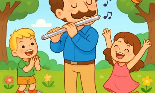 A joyful man, Mr. Harmony, is at the center of the image, with curly hair and a smiling mustache. He wears a bright blue shirt and beige pants, holding a silver flute, his eyes sparkling with happiness as he plays a cheerful melody. Beside him, a little girl with brown hair and bright eyes, dressed in a pink dress, dances joyfully with her arms raised to the sky. A small boy with blonde hair, wearing a green t-shirt, enthusiastically claps while standing on a stone near the river. The setting is a beautiful sunny park, with lush trees, colorful flowers, and a gentle stream winding through the grass. Birds sing in the branches, and butterflies flutter around the flowers. The main scene shows Mr. Harmony playing his flute, surrounded by children dancing and having fun, creating an atmosphere of joy and magic, where music unites everyone in a joyful celebration.