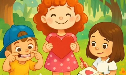 There are three characters: Rosie, a 7-year-old girl with curly red hair wearing a pink dress with white polka dots, is in the center, smiling and holding a large paper heart. Max, a 7-year-old boy with a slightly askew blue cap and a yellow t-shirt, is to the left of Rosie, making a funny face. Ella, a 7-year-old girl with straight brown hair wearing a green skirt and a white t-shirt, is to the right of Rosie, drawing in a small notebook with colored pencils. The scene takes place in a magical clearing surrounded by majestic trees and colorful flowers. The ground is covered with soft green grass, and sunlight filters through the leaves, creating bright patches on the ground. In the background, a large weeping willow with drooping branches adds a touch of mystery. The main situation shows the three friends preparing for their Valentine's Day show, laughing and having fun together, with paper hearts and shiny stones scattered around them.