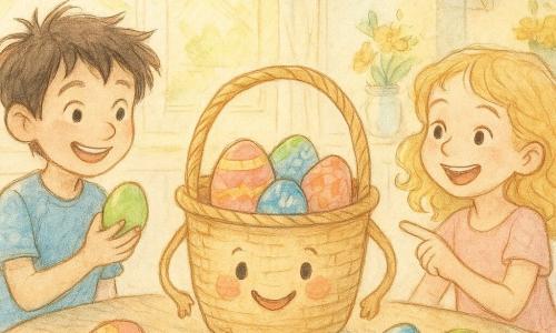 Uma pequena cestinha de vime chamada Cecília, com alças delicadas como braços, irradia alegria e cores pastel. Está sobre uma mesa de madeira em uma cozinha iluminada, cercada por ovos de Páscoa pintados à mão. Martim, um menino de oito anos com cabelo despenteado e um sorriso travesso, está à esquerda da mesa, segurando um ovo verde brilhante. Bia, uma menina de sete anos com cachos dourados e olhos cintilantes, está à direita, rindo e apontando para um ovo azul escondido sob uma folha de manjericão. A cozinha é banhada pela luz da manhã, com raios de sol dançando através de uma janela aberta, iluminando potes de especiarias e flores da primavera. A cena captura o momento mágico da caça aos ovos, onde cada descoberta é um brilho de felicidade e cumplicidade entre as crianças e Cecília.
