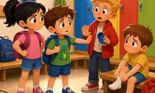 A brave-looking anxious 6-year-old boy with short brown hair, big bright eyes, wearing a green dinosaur T‑shirt and a blue backpack, stands slightly forward with a raised hand saying 