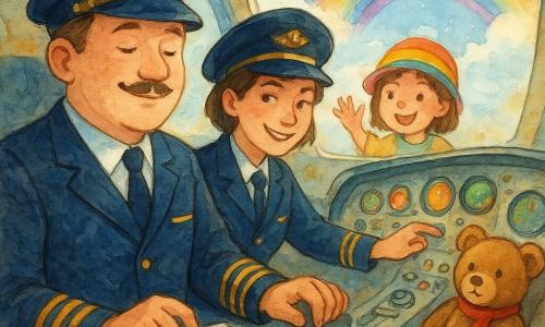 Captain Tom, serene and confident with a round face and fine mustache, sits in a clean navy uniform with gold stripes at the modern bright cockpit, one hand on the control yoke and the other on a paper checklist; First Officer Mia, about 30, short brown hair and a matching uniform, smiles mischievously and presses a dashboard button beside him as they calmly switch to a takeoff alternate (plan B); a six-year-old girl in a rainbow hat waves from behind the cockpit window in wonder, a brown teddy bear named Mr. Fluffy with a red scarf is fastened in a nearby passenger seat, and wide windows show a blue sky with fluffy clouds and a vivid rainbow, all rendered with watercolor wash textures and controlled light splashes as golden sunbeams cross the cockpit, conveying precise gestures and warm camaraderie.