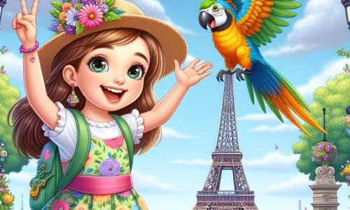 Una niña de 10 años, Clara, con largos cabellos castaños y ojos llenos de curiosidad, está frente a la majestuosa Torre Eiffel. Lleva un vestido colorido y una pequeña mochila, su rostro irradia alegría y asombro mientras levanta los brazos en señal de victoria. A su lado, un loro colorido llamado Pablo, con plumas verdes y amarillas, vuela alegremente a su alrededor, con las alas extendidas, añadiendo un toque de magia a la escena. Al fondo, turistas admiran la torre, mientras flores coloridas y árboles frondosos adornan el jardín. La escena transmite una atmósfera de felicidad y aventura, capturando la emoción de Clara al descubrir la belleza de París.