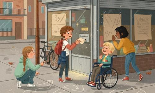 Er zijn vier kinderen: een meisje, Mila (~11), kastanjebruin haar in een vlecht, draagt een mintgroene hoodie en witte sneakers, gehurkt links en met krijtpijlen op het trottoir wijst ze naar de winkeldeur; een jongen, Adam (~11), krullend bruin haar, rugzak rood en spijkerjack, staat in het midden en trekt verbaasd een beige envelop uit de brievenbus; een meisje, Noor (~11), kort zwart haar, mosterdgele trui en jeans, staat rechts met haar hand op het raam bedekt met kraftpapier en luistert naar binnen; een jongen, Sem (~11), blond, zit in een donkerblauwe rolstoel naast Adam, lacht en kijkt naar de envelop met zijn wielen op krijtsporen. Locatie: klein stedelijk pleintje achter gebouwen, gebarsten beton met krijttekeningen, een oude gesloten buurtwinkel met bruin papier op de ruiten en een metalen deur met een lage brievenbus; er ontsnapt een smalle glinsterende lichtstreep en gouden vonkjes onder de deur. Hoofdsituatie: de kinderen verzamelen zich bij de gesloten deur terwijl een envelop langzaam uit de brievenbus schuift en er een magisch, nieuwsgierig ontdekkingsgevoel hangt; krijtpijlen op de grond wijzen naar de brievenbus.