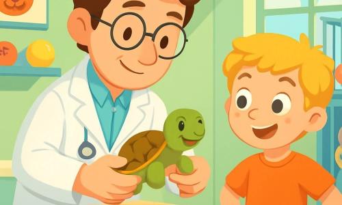Un veterinario, el doctor Tomás, sonriente y amable, lleva una bata blanca y gafas redondas. Tiene el cabello castaño y ligeramente despeinado, y su rostro expresa determinación y dulzura mientras libera una pequeña tortuga de su refugio. Junto a él, un niño de 10 años llamado Lucas, con cabello rubio y ojos brillantes, observa atentamente, con las manos en las caderas, lleno de admiración. La escena tiene lugar en una clínica veterinaria luminosa y acogedora, con paredes pintadas de verde pastel, carteles de animales sonrientes y estanterías llenas de juguetes para mascotas. Al fondo, se ven jaulas con animales felices, como gatos y conejos. La situación principal muestra al doctor Tomás cuidando una tortuga, mientras Lucas, maravillado, aprende a cuidar de los animales. La luz del sol entra por las ventanas, creando una atmósfera cálida y alegre.
